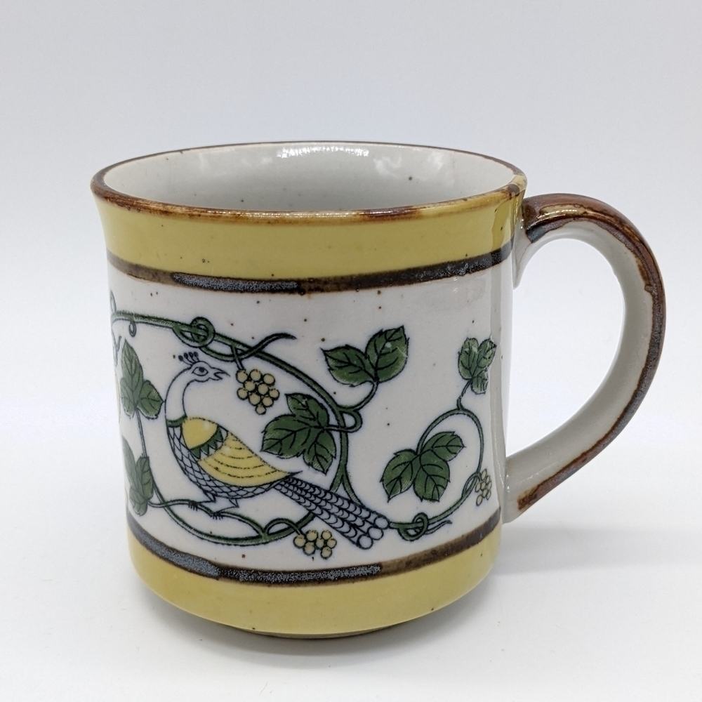 Vintage ceramic stoneware yellow green brown peacock coffee mug